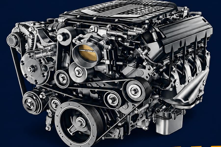 Detailed engine illustration on the deep-navy ERMAK Tires service poster.