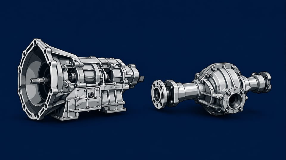 Automotive transmission and differential assemblies representing drivetrain repair.